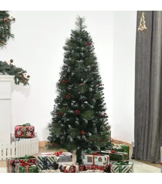 Árbol de Navidad Artificial con Nieve 150 cm con 360 Ramas 38 Bayas Decoración Navideña para Interiores Verde