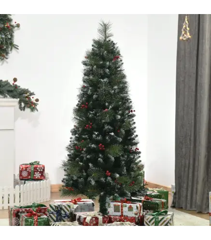 Árbol de Navidad Artificial con Nieve 150 cm con 360 Ramas 38 Bayas Decoración Navideña para Interiores Verde