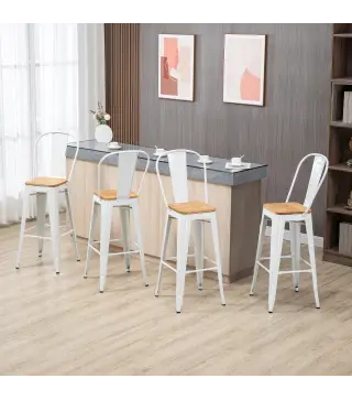 Juego de 4 Taburetes Altos de Cocina Apilables con Respaldo Taburetes de Bar con Reposapiés 44x48x117 cm Blanco