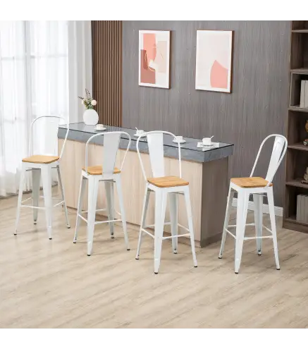 Juego de 4 Taburetes Altos de Cocina Apilables con Respaldo Taburetes de Bar con Reposapiés 44x48x117 cm Blanco
