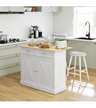 Isla de Cocina Carro de Cocina con Encimera de Madera Plegable 2 Puertas 2 Cajones Estante Ajustable y 4 Ruedas 105x60x9