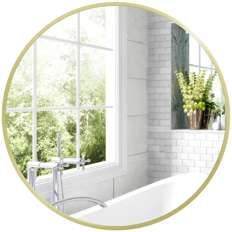 Espejo de Baño Redondo Ø60 cm Espejo Decorativo de Pared con Marco de Aluminio y Gancho Fácil Instalación Dorado