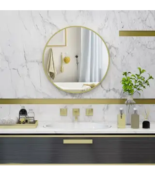 Espejo de Baño Redondo Ø60 cm Espejo Decorativo de Pared con Marco de Aluminio y Gancho Fácil Instalación Dorado