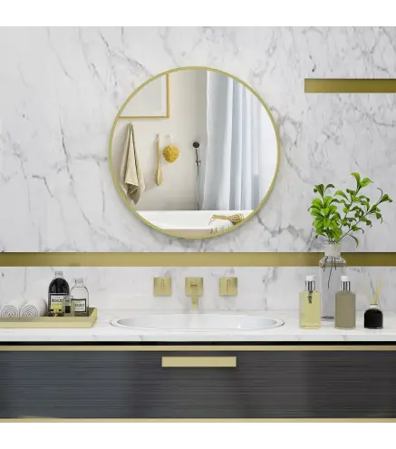 Espejo de Baño Redondo Ø60 cm Espejo Decorativo de Pared con Marco de Aluminio y Gancho Fácil Instalación Dorado