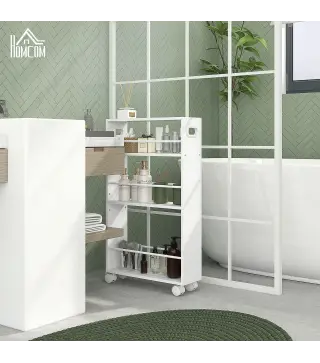 Carrito Auxiliar con Ruedas 3 Estantes con Barandillas Laterales y Asas para Cocina Comedor Baño 45x15x80 cm Blanco