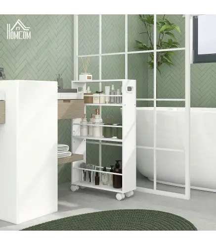 Carrito Auxiliar con Ruedas 3 Estantes con Barandillas Laterales y Asas para Cocina Comedor Baño 45x15x80 cm Blanco