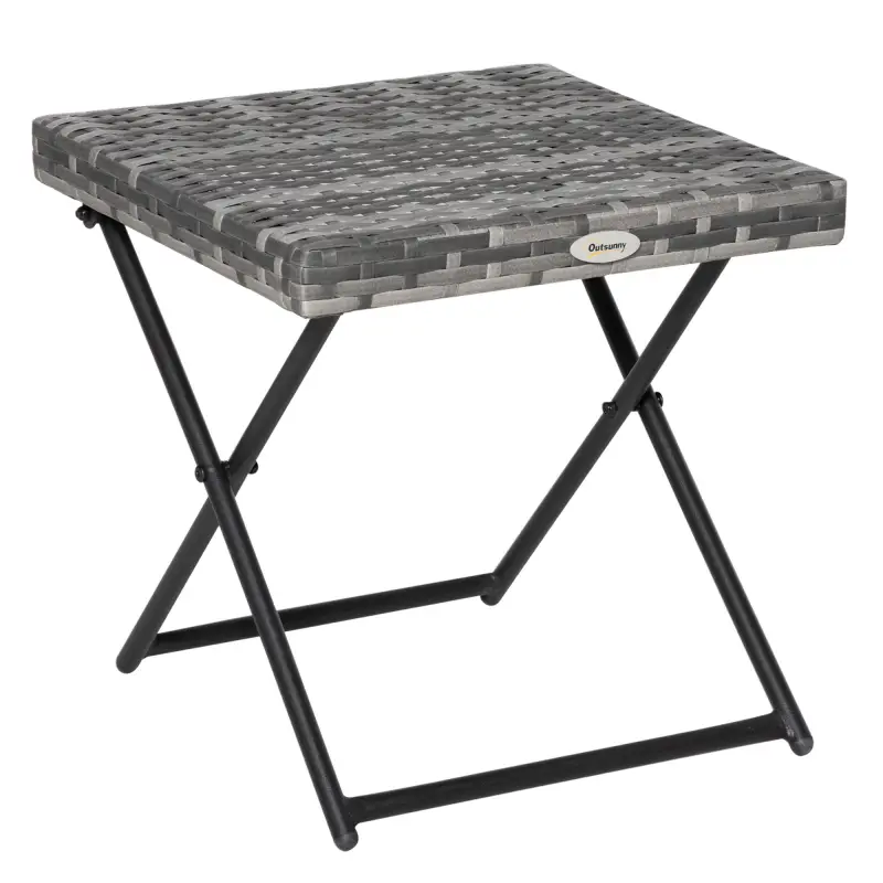 Mesa de Terraza Exterior de Ratán PE Plegable con Patas Cruzadas y Marco de Acero para Patio Balcón 40x40x40 cm Gris
