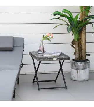 Mesa de Terraza Exterior de Ratán PE Plegable con Patas Cruzadas y Marco de Acero para Patio Balcón 40x40x40 cm Gris