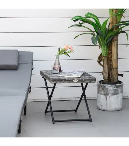 Mesa de Terraza Exterior de Ratán PE Plegable con Patas Cruzadas y Marco de Acero para Patio Balcón 40x40x40 cm Gris