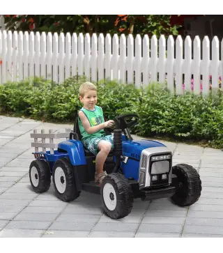 Tractor Eléctrico con Remolque para Niños 3-6 Años con Control Remoto y Cinturón de Seguridad 136,5x50x52,5 cm Azul