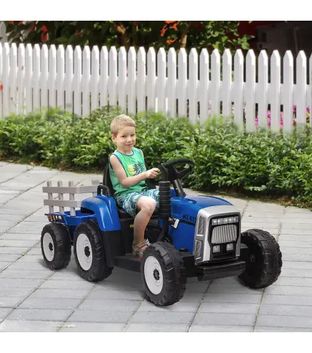 Tractor Eléctrico con Remolque para Niños 3-6 Años con Control Remoto y Cinturón de Seguridad 136,5x50x52,5 cm Azul
