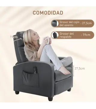 Sillón de Masaje Reclinable con Mando a Distancia Bolsillo Lateral y Temporizador Tapizado en PU 68x88x98 cm Gris