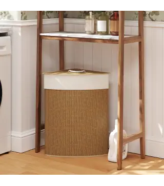 Cesto Ropa Sucia Bambú para Esquina 55L con Tapa y Asa Bolsa Extraíble Lavable 35x35x60 cm Marrón