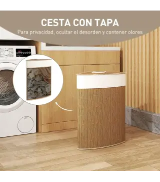 Cesto Ropa Sucia Bambú para Esquina 55L con Tapa y Asa Bolsa Extraíble Lavable 35x35x60 cm Marrón