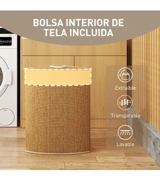 Cesto Ropa Sucia Bambú para Esquina 55L con Tapa y Asa Bolsa Extraíble Lavable 35x35x60 cm Marrón