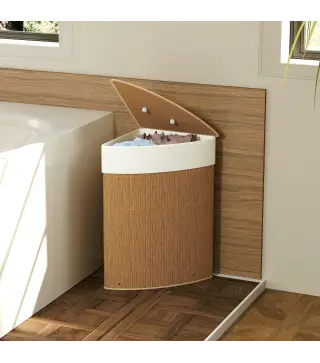 Cesto Ropa Sucia Bambú para Esquina 55L con Tapa y Asa Bolsa Extraíble Lavable 35x35x60 cm Marrón