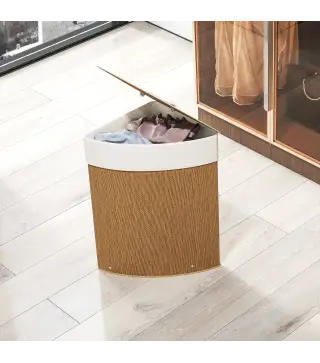 Cesto Ropa Sucia Bambú para Esquina 55L con Tapa y Asa Bolsa Extraíble Lavable 35x35x60 cm Marrón