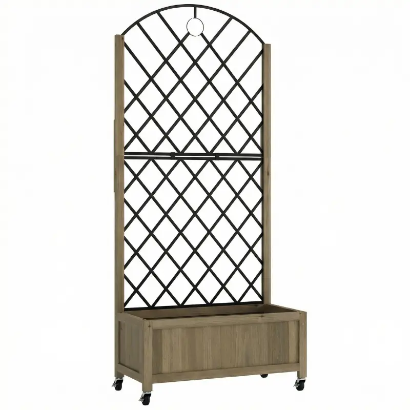 Jardinera de Madera con Enrejado Metálico y Ruedas para Plantas Trepadoras Macetero Elevado 72x36x168 cm Carbonizado