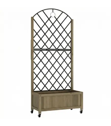 Jardinera de Madera con Enrejado Metálico y Ruedas para Plantas Trepadoras Macetero Elevado 72x36x168 cm Carbonizado