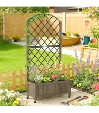 Jardinera de Madera con Enrejado Metálico y Ruedas para Plantas Trepadoras Macetero Elevado 72x36x168 cm Carbonizado
