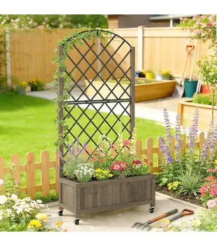 Jardinera de Madera con Enrejado Metálico y Ruedas para Plantas Trepadoras Macetero Elevado 72x36x168 cm Carbonizado