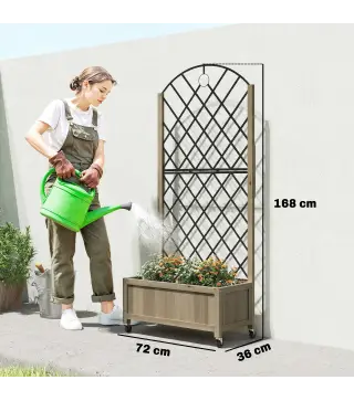 Jardinera de Madera con Enrejado Metálico y Ruedas para Plantas Trepadoras Macetero Elevado 72x36x168 cm Carbonizado