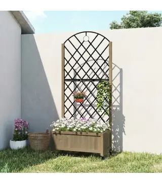 Jardinera de Madera con Enrejado Metálico y Ruedas para Plantas Trepadoras Macetero Elevado 72x36x168 cm Carbonizado