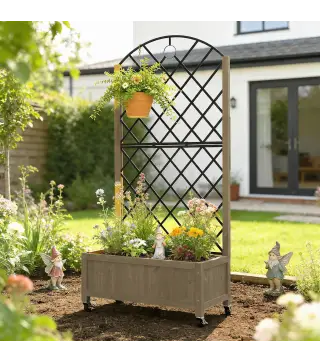 Jardinera de Madera con Enrejado Metálico y Ruedas para Plantas Trepadoras Macetero Elevado 72x36x168 cm Carbonizado