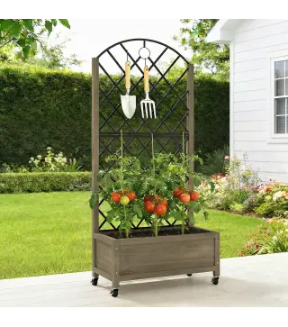 Jardinera de Madera con Enrejado Metálico y Ruedas para Plantas Trepadoras Macetero Elevado 72x36x168 cm Carbonizado