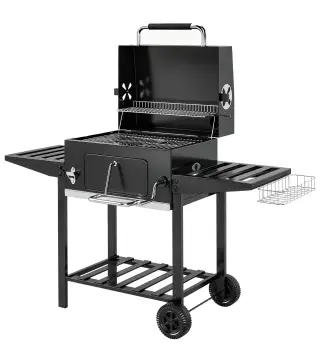 Barbacoa de Carbón con Bandeja Ajustable Estantes Plegables Ruedas Termómetro Tapa Chimenea Ventilaciones y Cesta