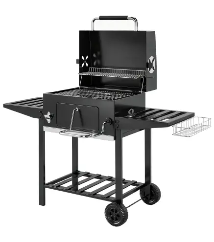 Barbacoa de Carbón con Bandeja Ajustable Estantes Plegables Ruedas Termómetro Tapa Chimenea Ventilaciones y Cesta