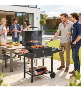 Barbacoa de Carbón con Bandeja Ajustable Estantes Plegables Ruedas Termómetro Tapa Chimenea Ventilaciones y Cesta