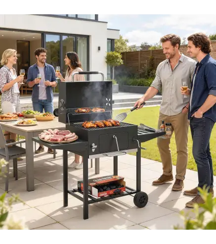 Barbacoa de Carbón con Bandeja Ajustable Estantes Plegables Ruedas Termómetro Tapa Chimenea Ventilaciones y Cesta