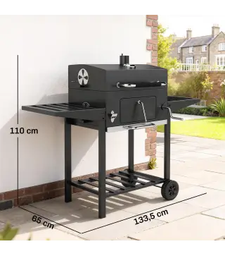 Barbacoa de Carbón con Bandeja Ajustable Estantes Plegables Ruedas Termómetro Tapa Chimenea Ventilaciones y Cesta