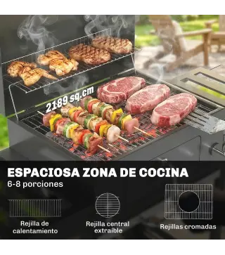 Barbacoa de Carbón con Bandeja Ajustable Estantes Plegables Ruedas Termómetro Tapa Chimenea Ventilaciones y Cesta