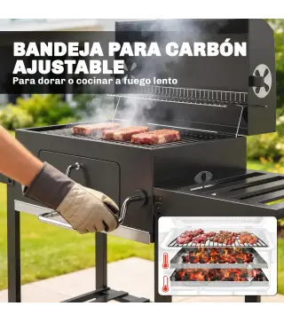 Barbacoa de Carbón con Bandeja Ajustable Estantes Plegables Ruedas Termómetro Tapa Chimenea Ventilaciones y Cesta