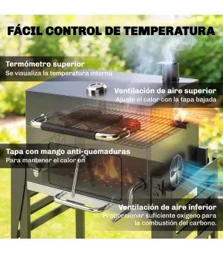Barbacoa de Carbón con Bandeja Ajustable Estantes Plegables Ruedas Termómetro Tapa Chimenea Ventilaciones y Cesta