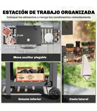 Barbacoa de Carbón con Bandeja Ajustable Estantes Plegables Ruedas Termómetro Tapa Chimenea Ventilaciones y Cesta