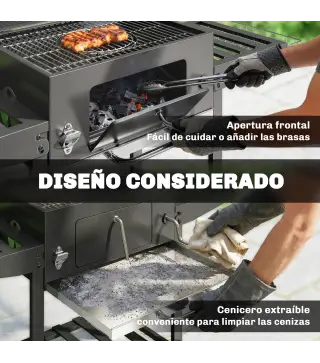 Barbacoa de Carbón con Bandeja Ajustable Estantes Plegables Ruedas Termómetro Tapa Chimenea Ventilaciones y Cesta