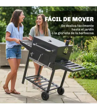 Barbacoa de Carbón con Bandeja Ajustable Estantes Plegables Ruedas Termómetro Tapa Chimenea Ventilaciones y Cesta