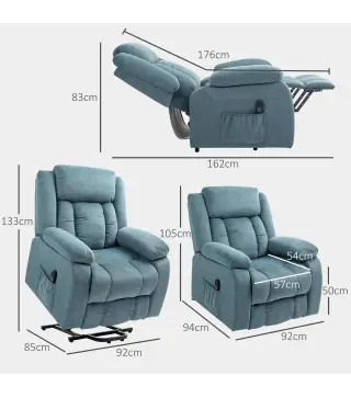 Sillón Relax Reclinable Eléctrico Levanta Personas con Puerto USB Control Remoto Asiento Ancho Reposapiés Azul