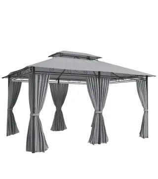 Cenador para Jardín 3x4 m Pabellón de Jardín Gazebo con Doble Techo 6 Paredes Laterales Estructura Metálica Gris Oscuro