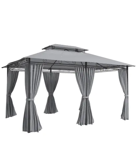 Cenador para Jardín 3x4 m Pabellón de Jardín Gazebo con Doble Techo 6 Paredes Laterales Estructura Metálica Gris Oscuro