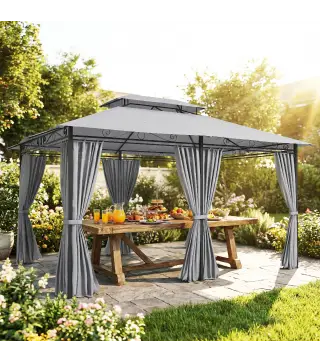 Cenador para Jardín 3x4 m Pabellón de Jardín Gazebo con Doble Techo 6 Paredes Laterales Estructura Metálica Gris Oscuro