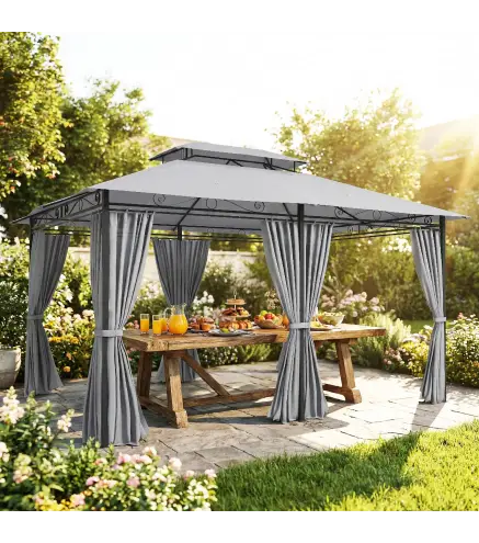 Cenador para Jardín 3x4 m Pabellón de Jardín Gazebo con Doble Techo 6 Paredes Laterales Estructura Metálica Gris Oscuro