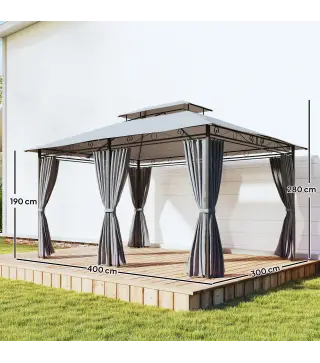 Cenador para Jardín 3x4 m Pabellón de Jardín Gazebo con Doble Techo 6 Paredes Laterales Estructura Metálica Gris Oscuro