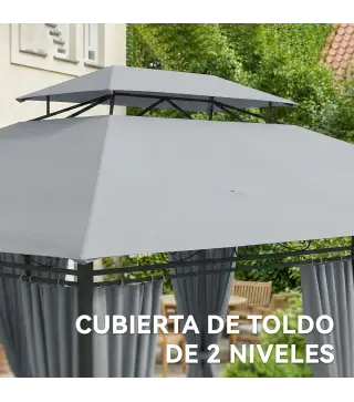 Cenador para Jardín 3x4 m Pabellón de Jardín Gazebo con Doble Techo 6 Paredes Laterales Estructura Metálica Gris Oscuro