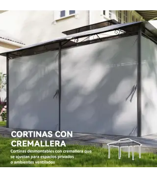 Cenador para Jardín 3x4 m Pabellón de Jardín Gazebo con Doble Techo 6 Paredes Laterales Estructura Metálica Gris Oscuro