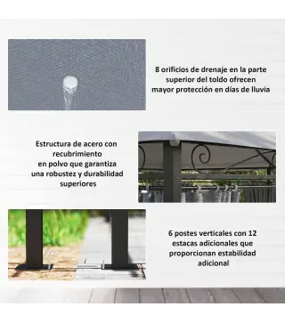 Cenador para Jardín 3x4 m Pabellón de Jardín Gazebo con Doble Techo 6 Paredes Laterales Estructura Metálica Gris Oscuro