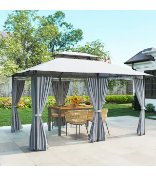 Cenador para Jardín 3x4 m Pabellón de Jardín Gazebo con Doble Techo 6 Paredes Laterales Estructura Metálica Gris Oscuro